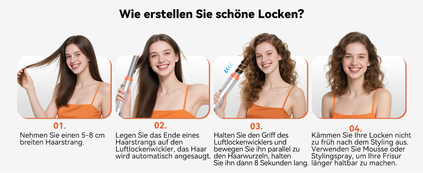 Hairstyler 5-в-1 з ефектом Coandă: Фен-щітка, автоматичний завивач, кругла щітка для об'єму та сушіння (Помаранчевий)