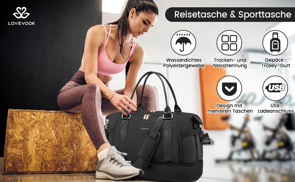 Спортивна сумка LOVEVOOK для подорожей: жіноча дорожня сумка-weekender з культюрною косметичкою, відділенням для взуття та мокрих речей, водонепроникна сумка для ночі, сумки для тренажерного залу, подорожей та аеропорту (37L, чорний)