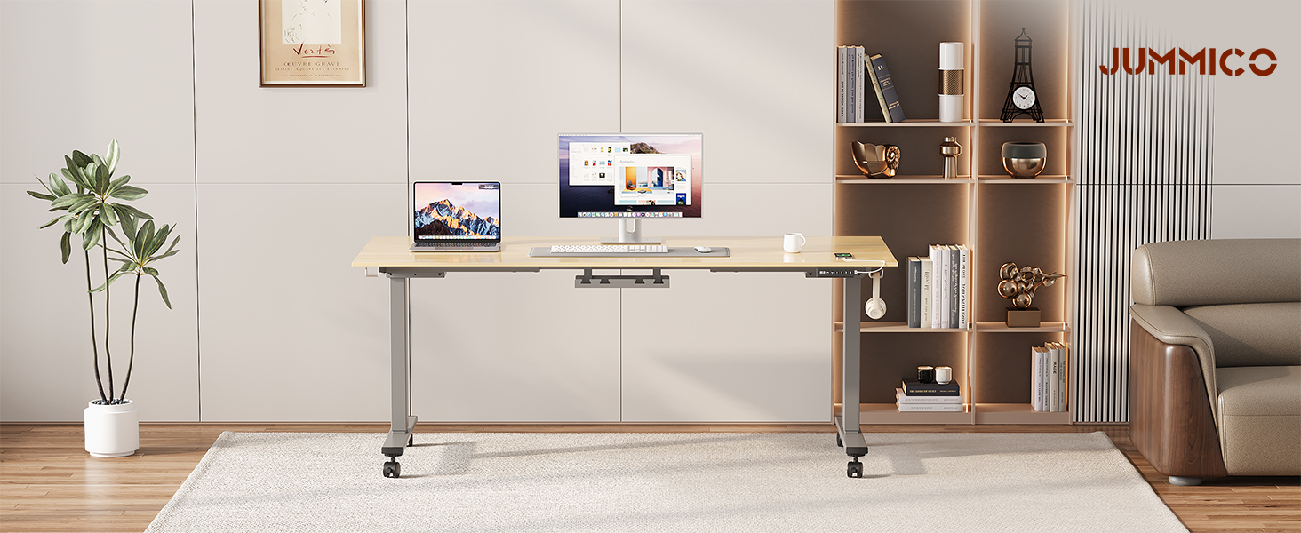 Регульований стіл JUMMICO з міцним металевим каркасом та 2 моторами, 3 пам'яті, для стояння та сидіння (білий), 100 x 140 см, сірий
