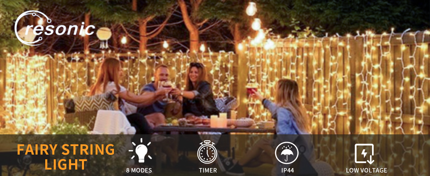 Гірлянда світлодіодна Gresonic 40м, 300 LED, тепле біле світло, для дому та саду, 8 режимів, диммування, з живленням від мережі