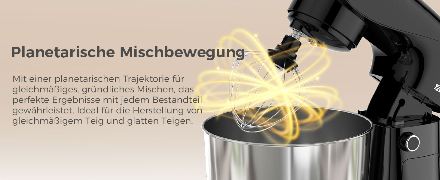 Кухонна машина YASHE 1500W з 2 чашами (4,5L та 5L), 10 швидкостей, нахилений корпус, з гаком для тіста, вінчиком та набором насадок, мультифункціональна