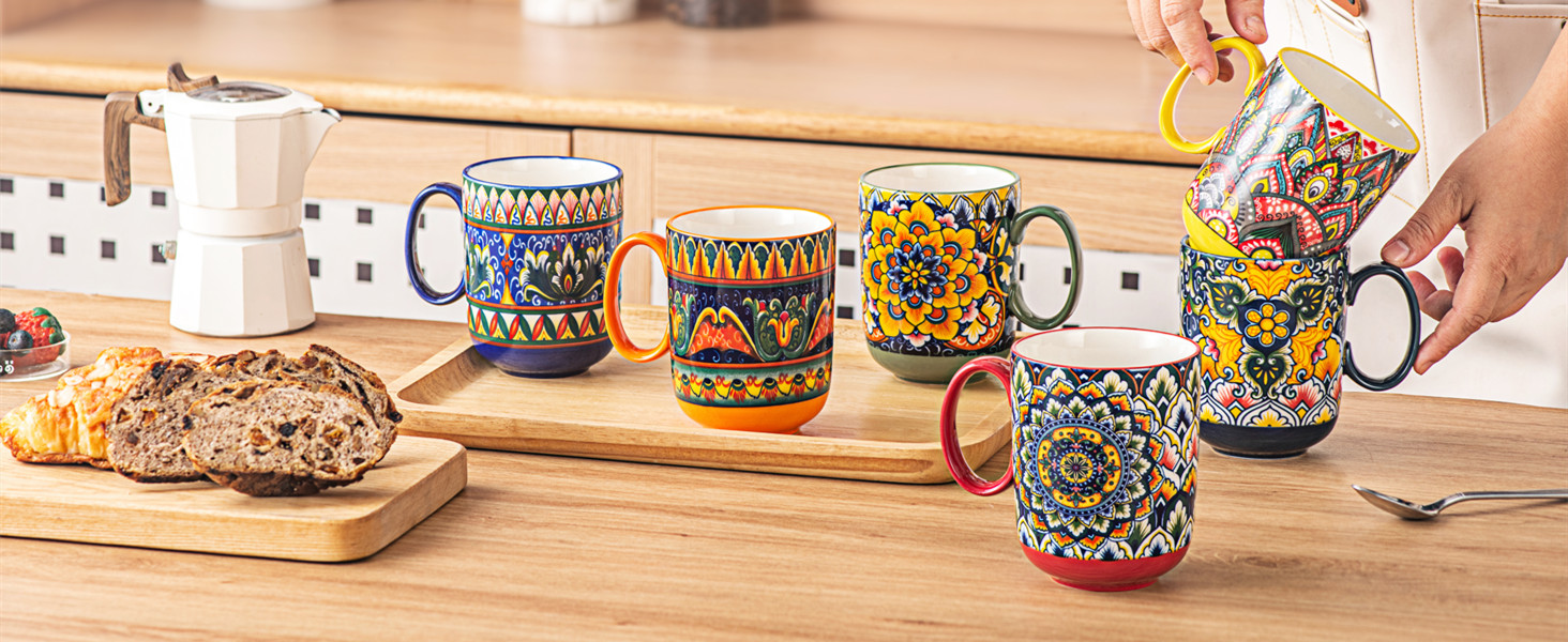 Набір кавових чашок Henten Home з порцеляни, 6 шт., 250 мл, ручної роботи, для 6 осіб (250 мл чашки, 400 мл підставки)