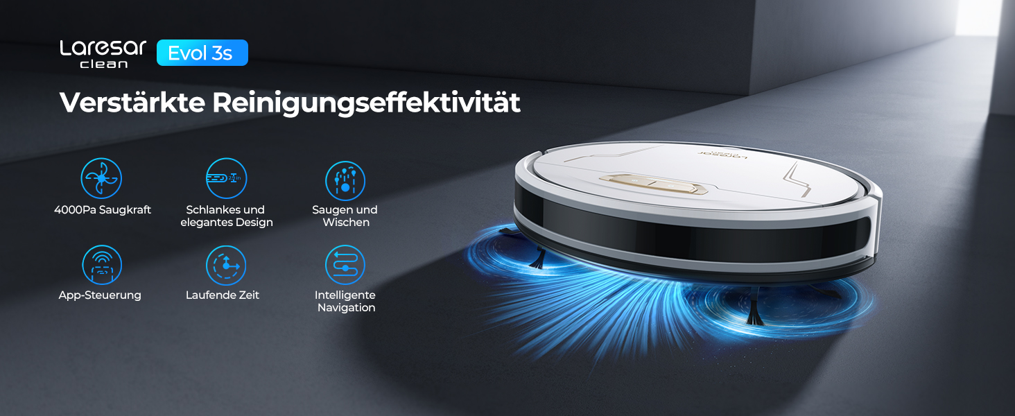 Робот-пилосос Laresar Clean з функцією миття, 4000Pa, 150 хв роботи, керування через додаток, для твердих підлог, килимів та шерсті тварин (білий)