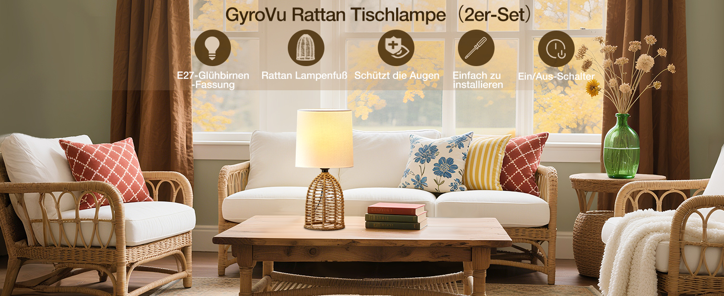 Настільна лампа GyroVu 2 шт. з ротангу, Бохо стиль, цоколь E27, для спальні, вітальні, нічний столик, читання, рустикальний дизайн