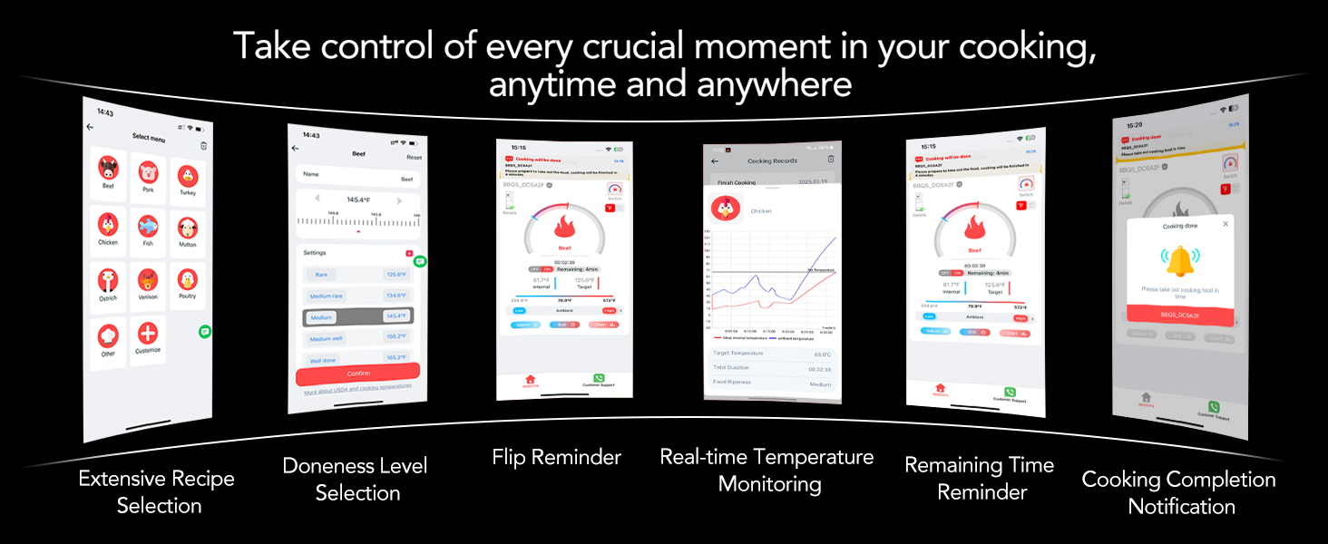 Бездротовий термометр для м'яса з Bluetooth та нескінченною дальністю, 7 сертифікованих NIST сенсорів, для гриля, мангала, печі, фритюрниці (чорний)