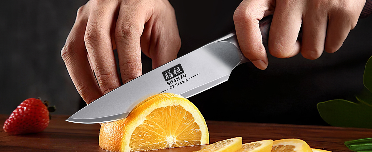 SHAN ZU Profi кухонний ніж 18 см - японський кухонний ніж з високоякісної сталі 10Cr15Mov, 12° заточка, ергономічна ручка з паккавуду - для м'яса, овочів, риби (овочечистка)