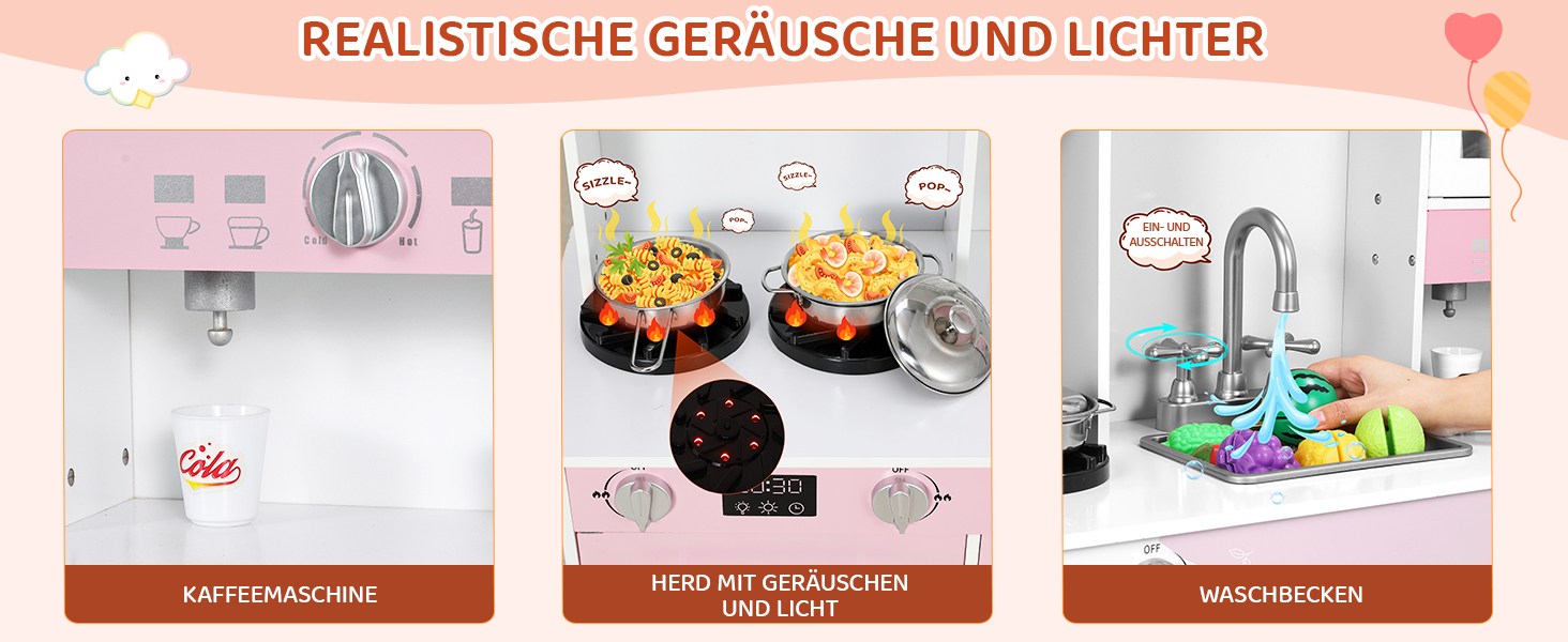 Дерев'яна дитяча кухня MAMIZO з підсвічуванням та звуком, іграшкова кухня для дітей, 90x30x90 см, з аксесуарами та 2 ящиками, іграшка для дітей від 3 років (Рожева)