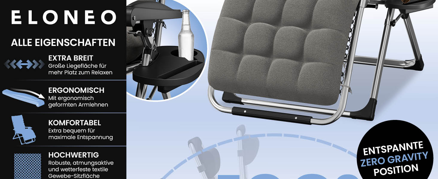 Лежак для відпочинку ELONEO: розкладний, з преміум-подушкою, стійкий до погодних умов, широка спинка, регульована, з подушкою для шиї та тримачем для напоїв (сірий)