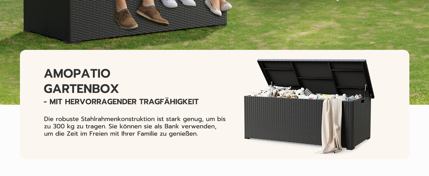 Скриня для подушок садових Polyrattan Amopatio 650л, водонепроникна, з газліфтом, чорна. Ящик для зберігання для саду та балкону
