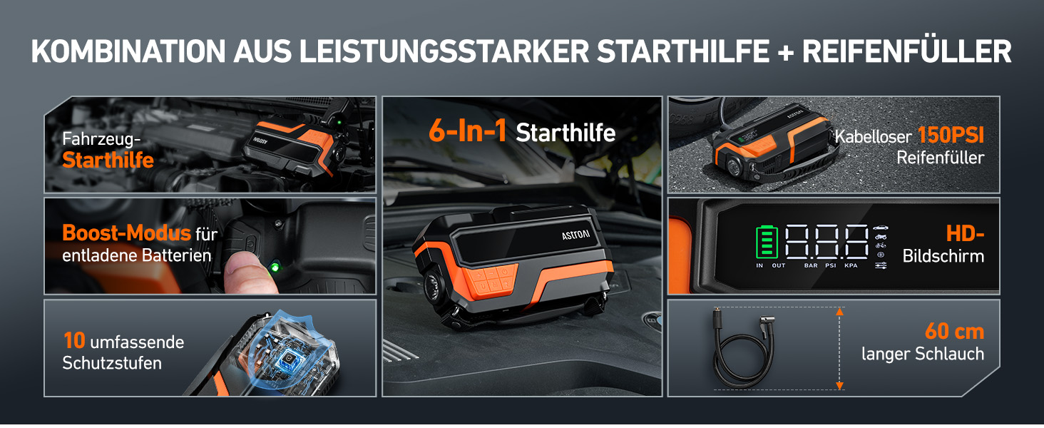 AstroAI MF16 Powerbank для запуску авто з компресором 150 PSI, 6000A, для 12V авто, мотоциклів, SUV, з LED-дисплеєм, помаранчевий