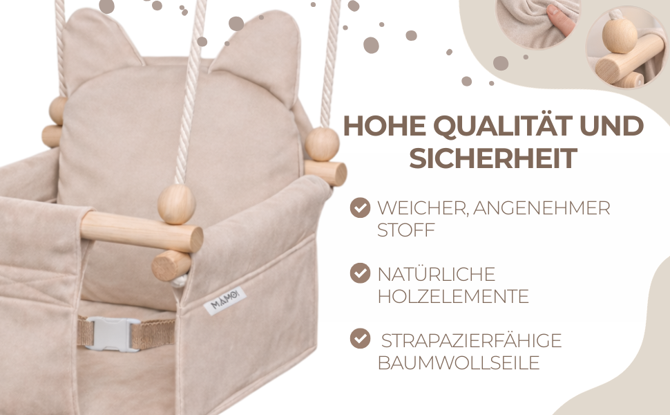 Дитяча гойдалка-колиска MAMOI з ременем безпеки, регульована висота 150-190 см, бежева. Гойдалка для дому, міцна конструкція, велюрове сидіння, легкий монтаж.