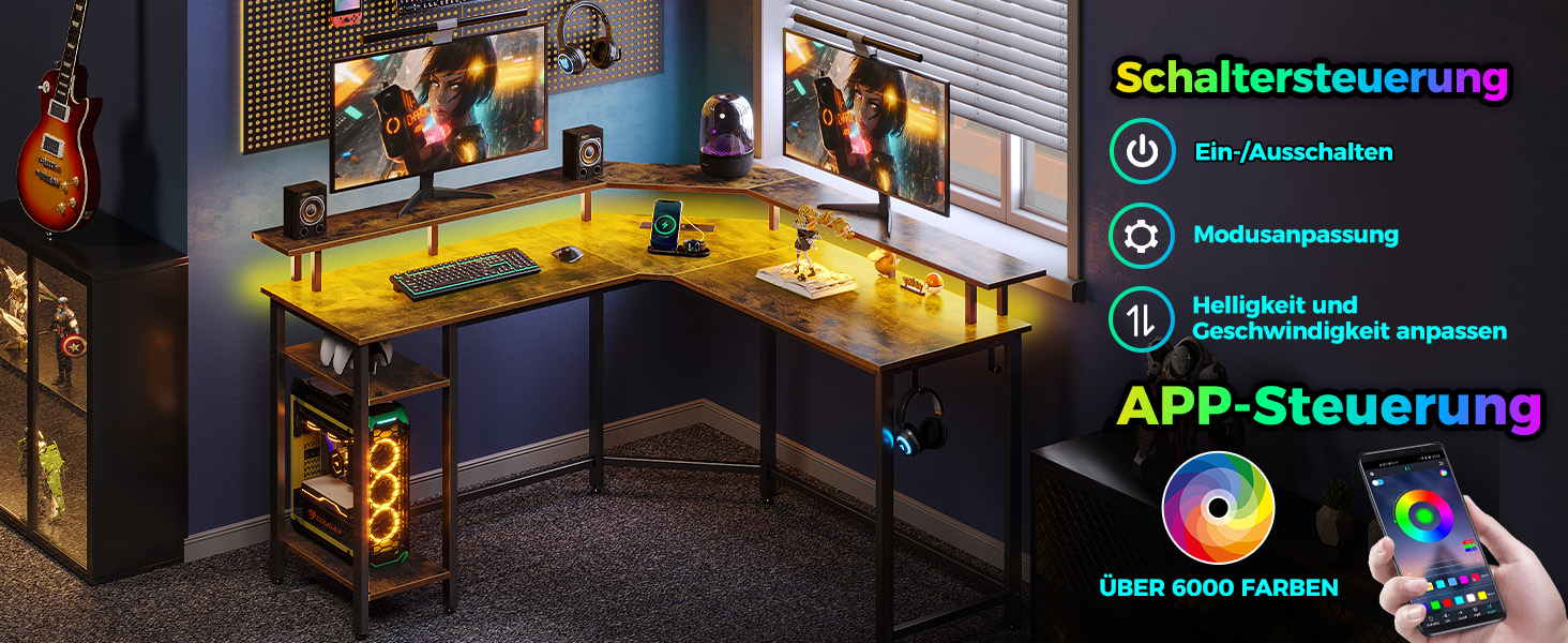 Кутовий стіл Rolanstar з RGB-підсвіткою та розетками, 135 см, для комп'ютера з підставкою для монітора та полицею, реверсивний, з 2 гачками, для спальні/офісу, вінтажний коричневий, 134,5 x 134,5 x 86,2 см