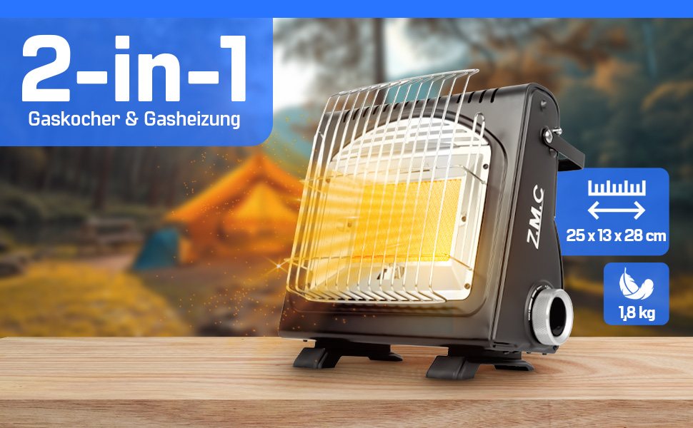 Мобільний газовий нагрівач та плита 2-в-1 Z.M.C. для кемпінгу, тераси, саду та балкону. Керамічний нагрівник 1,7 кВт з Piezo-запалюванням