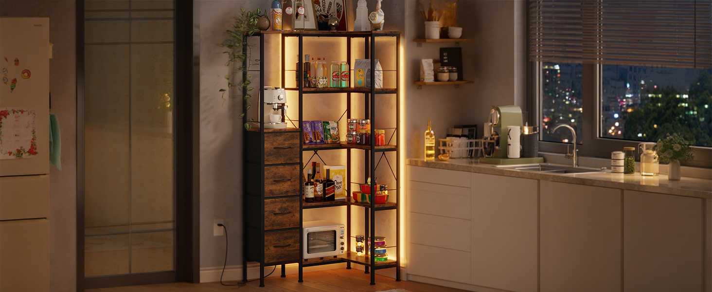 Кутовий стелаж OYRREU з 5 ярусами, LED-підсвічуванням та 4 висувними ящиками. Підходить для вітальні, спальні, офісу, кухні. Вінтажний коричневий колір.