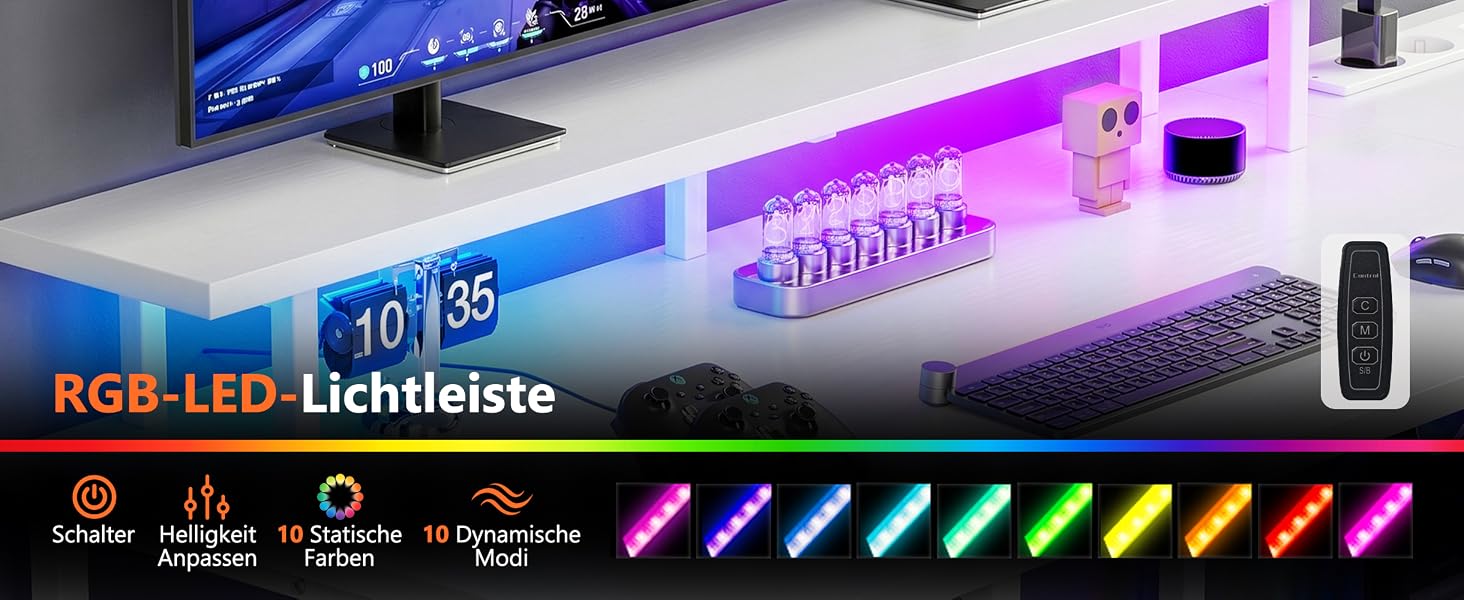 Кутовий ігровий стіл YOUDENOVA L-подібний з LED-підсвіткою, 4 шухлядами та розеткою, комп'ютерний стіл для геймерів та офісу з полицею для монітора, білий, 142x107 см