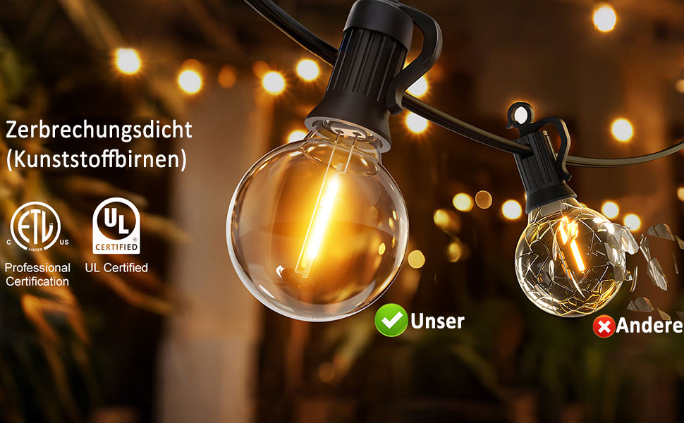 LED гірлянда на 15 метрів, тепле біле світло 2700K, 25+2 лампочки G40 E12, димер, для зовнішнього використання, сад, вечірка, тераса