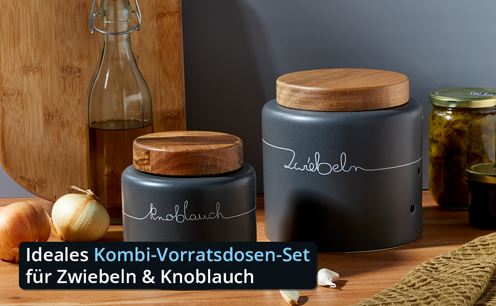 Набір контейнерів для картоплі, цибулі та часнику KHG, 3 шт., кераміка, антрацитовий сірий, бамбукові кришки, об'єм 3 л та 1,5 л