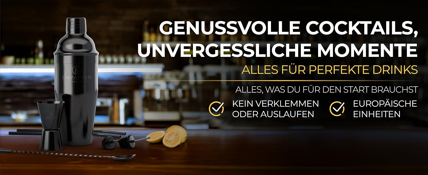 Набір для коктейлів Cobbler 700 мл з нержавіючої сталі, без розливання, професійний шейкер для коктейлів з підставкою та книгою рецептів, набір для барменів (стартовий набір, чорний)