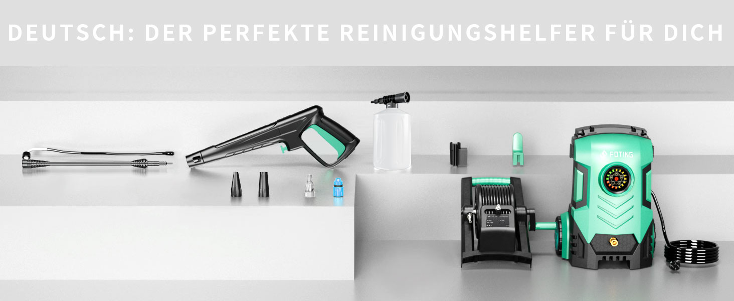 Високотискний мийник 2026 Neu 180 бар, 6-в-1 насадка, 420 л/год, 50 м²/год, економія води, з піноплавником 500 мл та барабаном для шланга (33x32x86 см, блакитний)