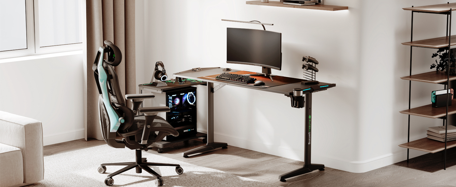Ігровий стіл EUREKA ERGONOMIC з LED, 140x60 см. Стіл для геймерів з підсвіткою, органайзером для кабелів, тримачем для напоїв та навушників, чорний, X-Large