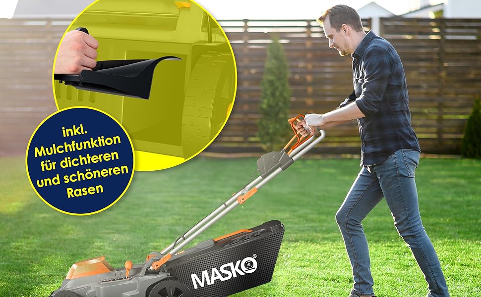 Акумуляторний газонокосарка MASKO з функцією мульчування, 2 акумулятори Li-Ion 4Ah, подвійний зарядний пристрій, триммер, ширина косіння 37 см, 6 положень висоти, кошик 40 л, площа до 600 м², в комплекті рукавички та щітка (ширина косіння 43 см, чорний/помаранчевий)