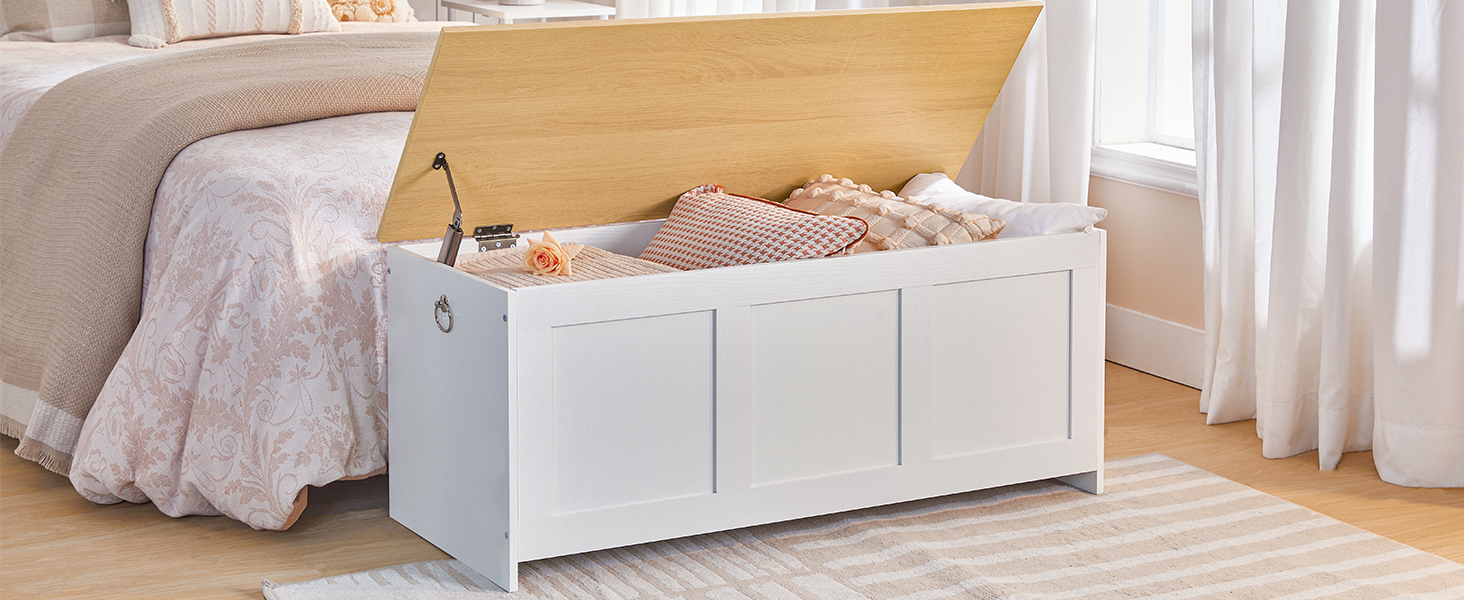 HOOBRO Лавка з ящиком для іграшок, 100 см, білий та натуральне дерево, з безпечним шарніром, для дому