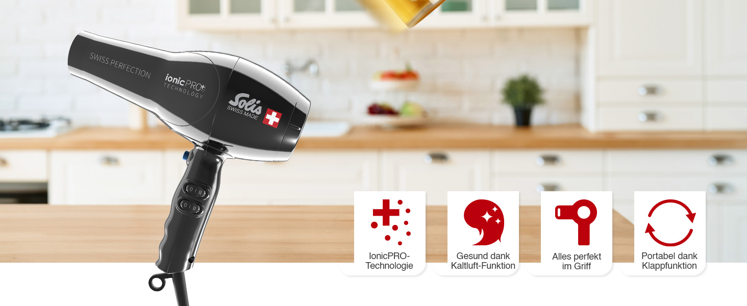 Фен Solis Swiss Perfection 360º ionicPRO 440 з іонізацією, поворотний шнур, насадка для укладки, чорний