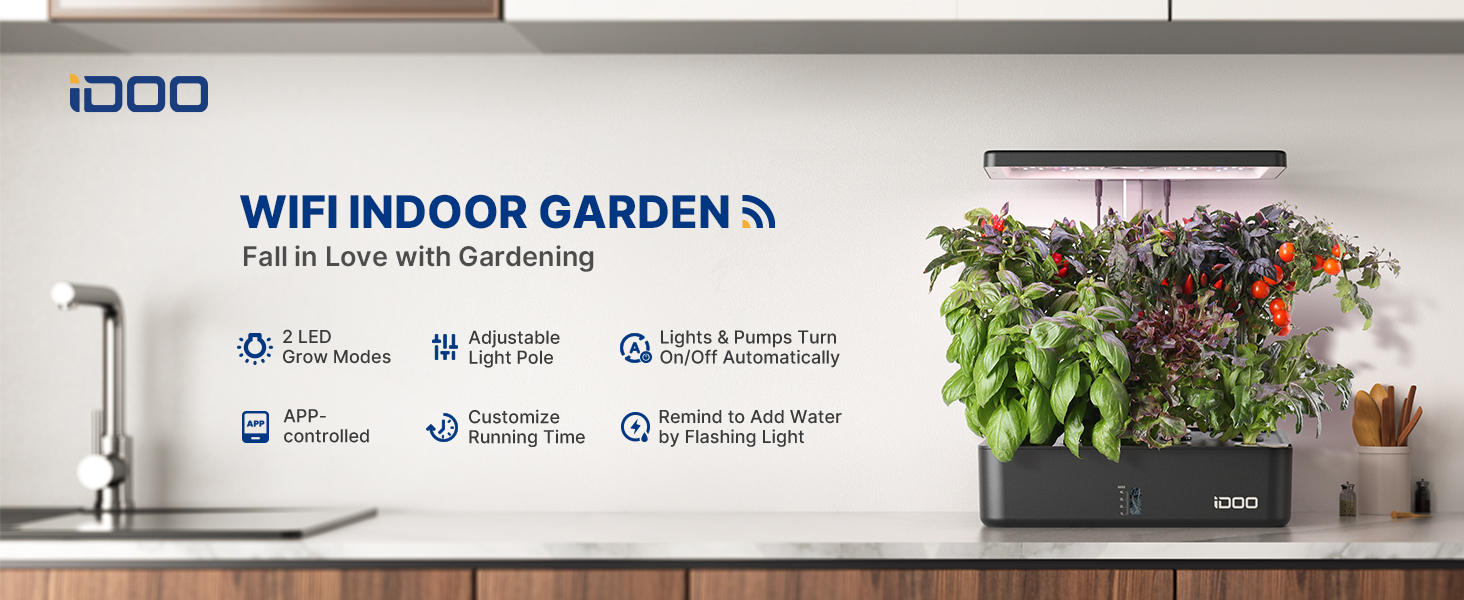iDOO Гідропонна система для вирощування рослин, розумний сад, WiFi, з LED-лампою, вентилятором, таймером, для вирощування трав, 12 посадкових місць