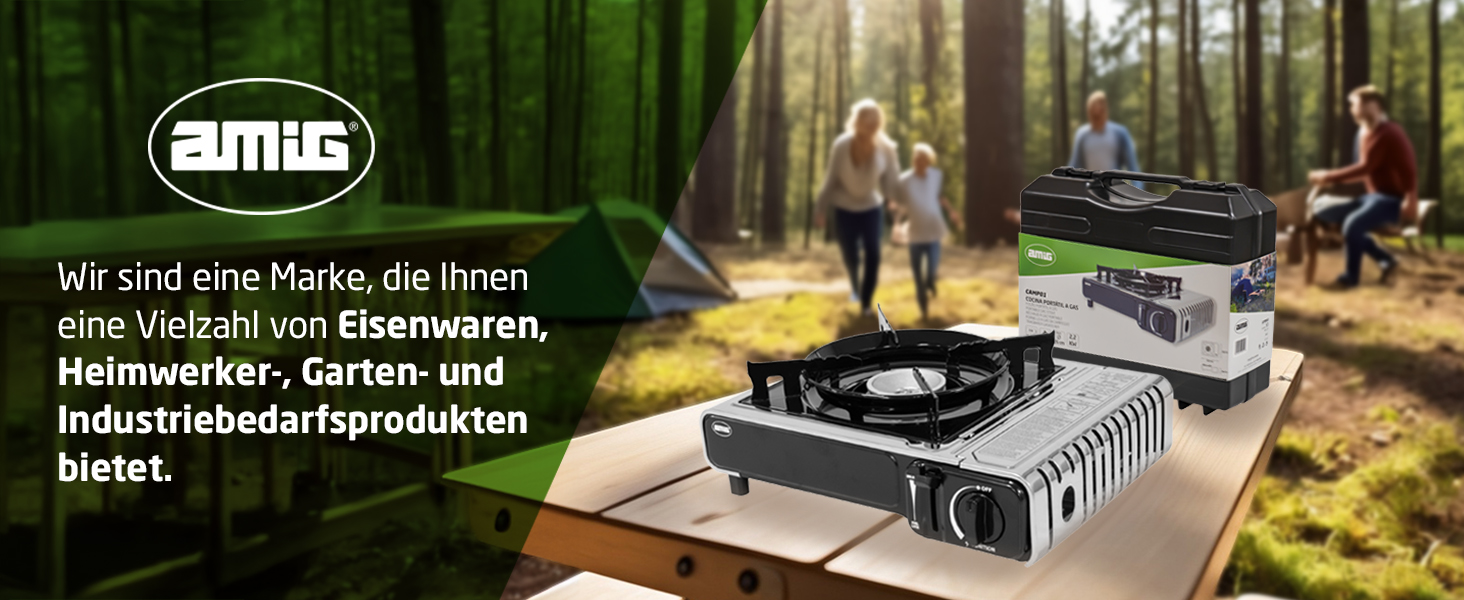 Газовий балонний пальник Amig CAMP01 з 1 конфоркою, вбудованим вітрозахистом та нержавіючою сталею, 2.2 кВт, сумісний з картриджами B-250