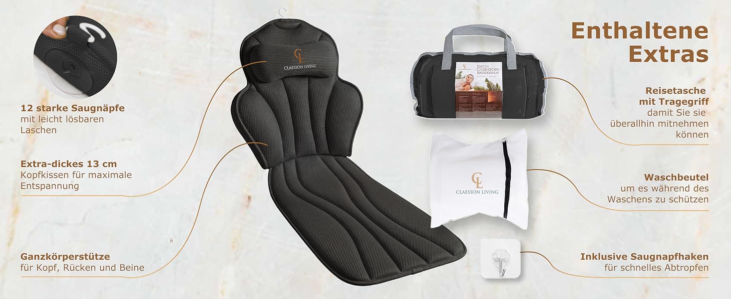 Подушка для ванни повномірна (152x56 см) з підголівником (11 см) чорного кольору – підтримка шиї, спини та ніг. Зі сумкою для прання та подорожей, гачком для сушіння.