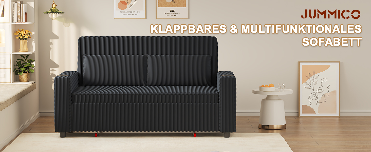 Диван-ліжко JUMMICO 2-місний розкладний з подушками, оббивка корд, чорно-синій, 75x160x93 см. Диван для вітальні та спальні з підсклянником