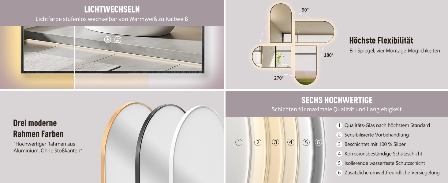 Дзеркало для ванної кімнати LED HOKO Design Turin, овальне, 45x75 см, матовий чорний каркас, сенсорне керування, світлодіодне підсвічування, зміна кольору світла (тепле/холодне/нейтральне), антизапарювання