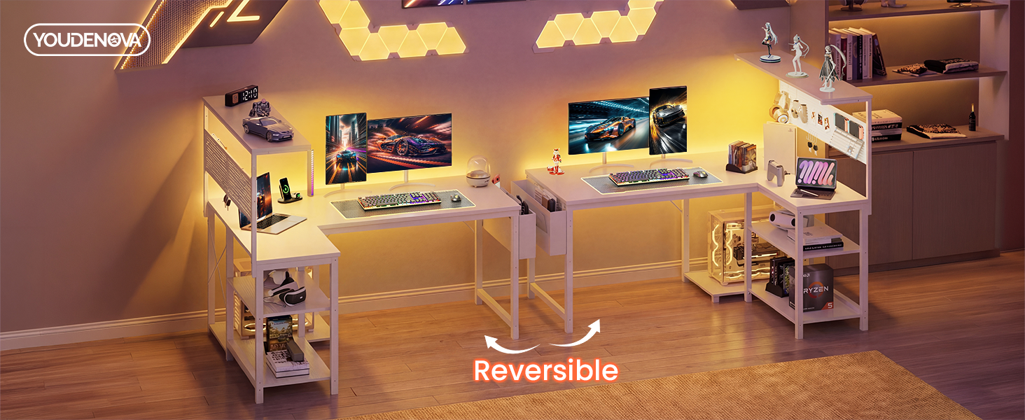 Ігровий стіл YOUDENOVA L-подібний з LED, розеткою USB, поличкою та перфорованою стінкою, 120x80 см. Комп'ютерний стіл для геймерів та дому, білий