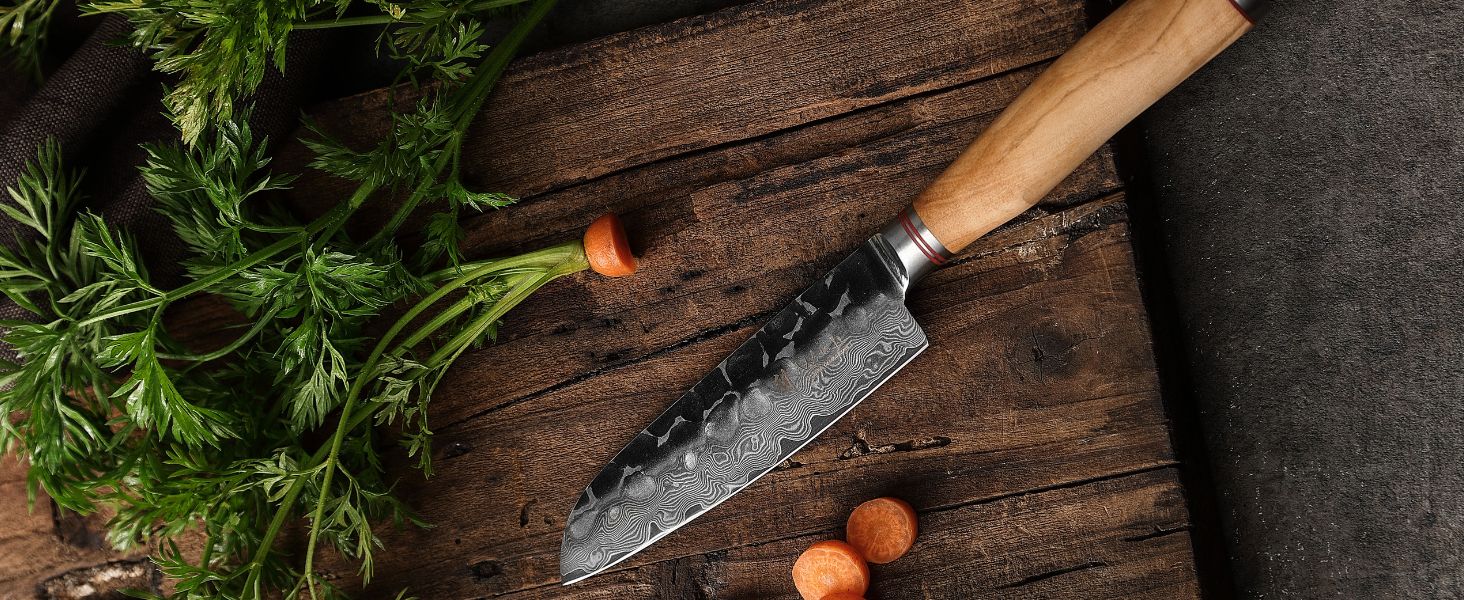 Японський ніж Santoku Wakoli Olive з дамаської сталі (серцевина VG10), 13 см – гострий та ергономічний – ніж з ручкою з оливкового дерева в подарунковій коробці, для овочів та фруктів