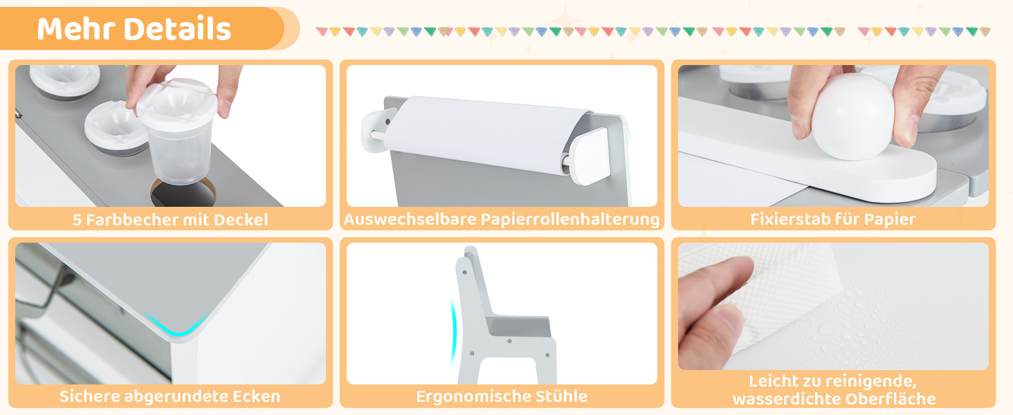 Дитячий стіл COSTWAY 3 в 1 з 2 стільцями, активний стіл-мольберт з підйомною стільницею, набір кольорів, 6 тканинних контейнерів та рулон паперу, сірий, 109x60x55 см