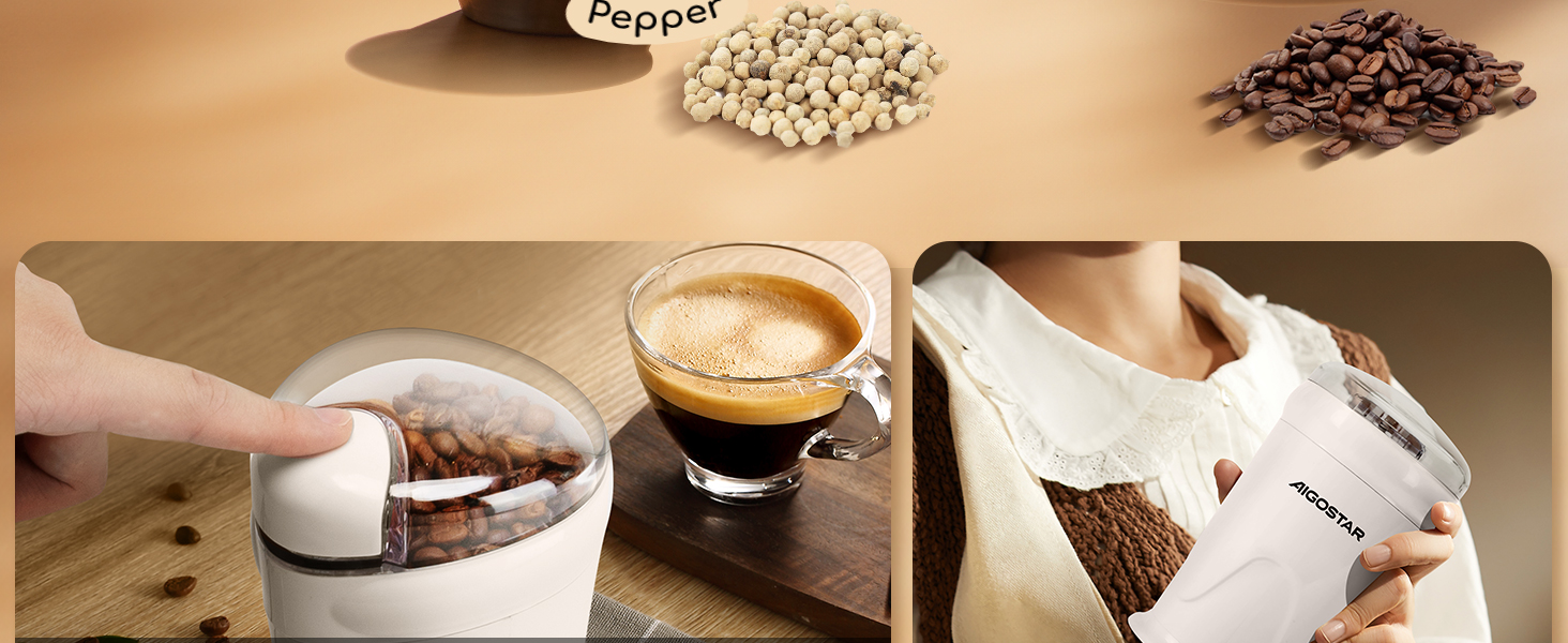 Кавомолка електрична Aigostar для кави, спецій та горіхів, нержавіюча сталь, 60г, 200 Вт, біла