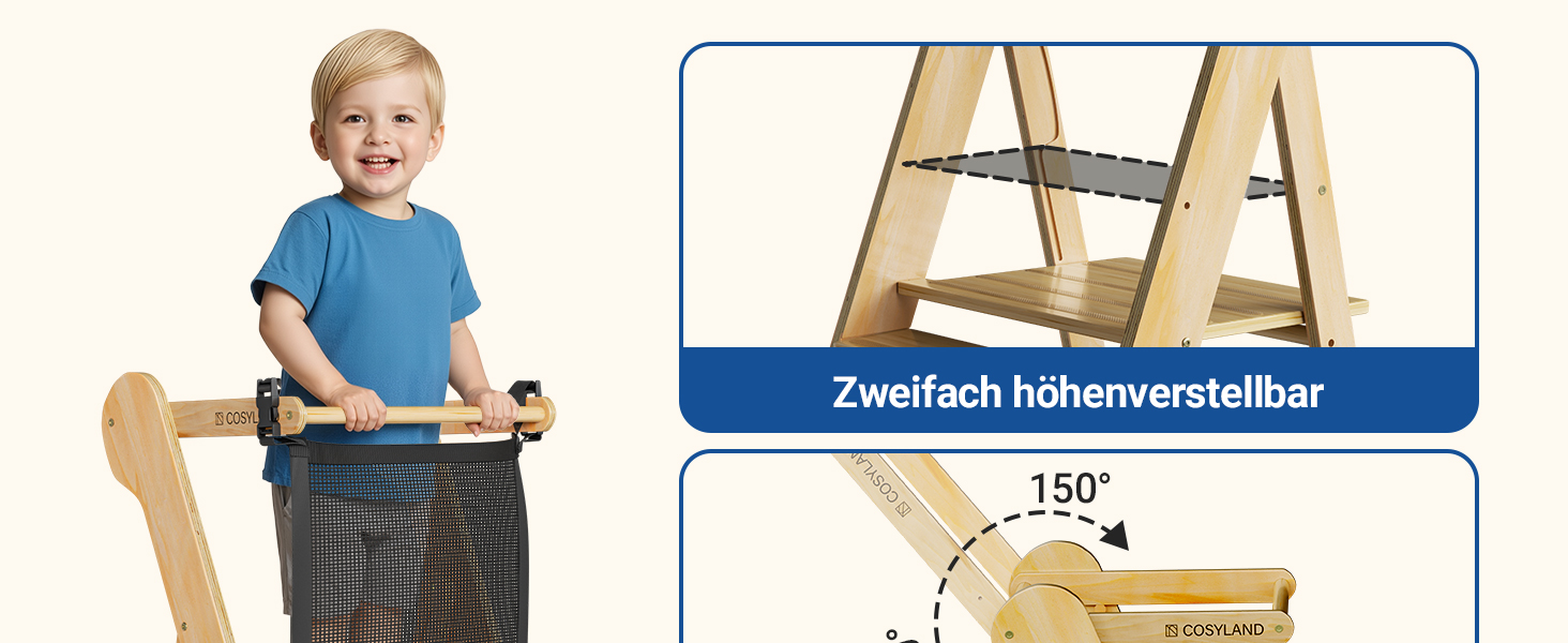 COSYAND Монтессорі стільчик-сходинка для дітей від 1 року, регульована висота | Сходинка Монтессорі | Кухольчик для дітей | Колір: Темно-сірий-натуральний