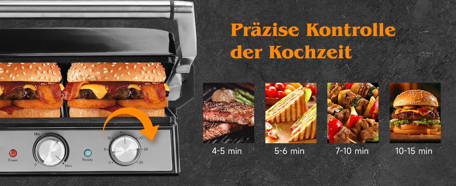 Контактний гриль Aigostar з керамічним покриттям, таймер на 30 хв. Паніні гриль та сендвічмейкер для сендвічів, стейків, тостів. 2000 Вт, регульований термостат, відкривання 180°, функція грилю