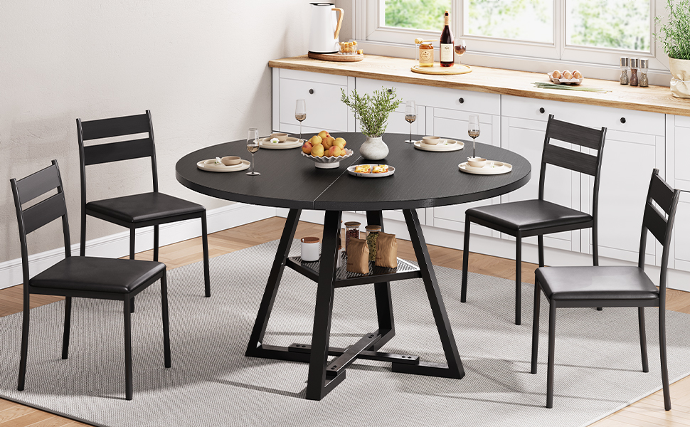 Круглий обідній стіл для 2-4 осіб з поличкою, дерев'яний кухонний стіл в індустріальному стилі (107x107x76 см), чорний колір