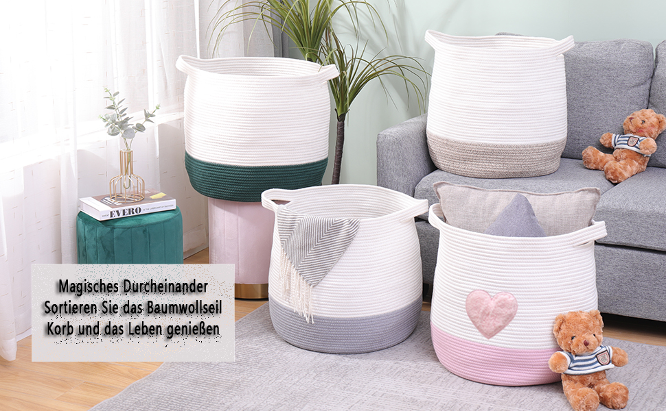 Великий кошик з бавовняного шнура, плетений кошик для іграшок, білизни та ковдр, організатор, круглий кошик для подарунків з ручками для дитячої кімнати, 45x43 см, Рожевий