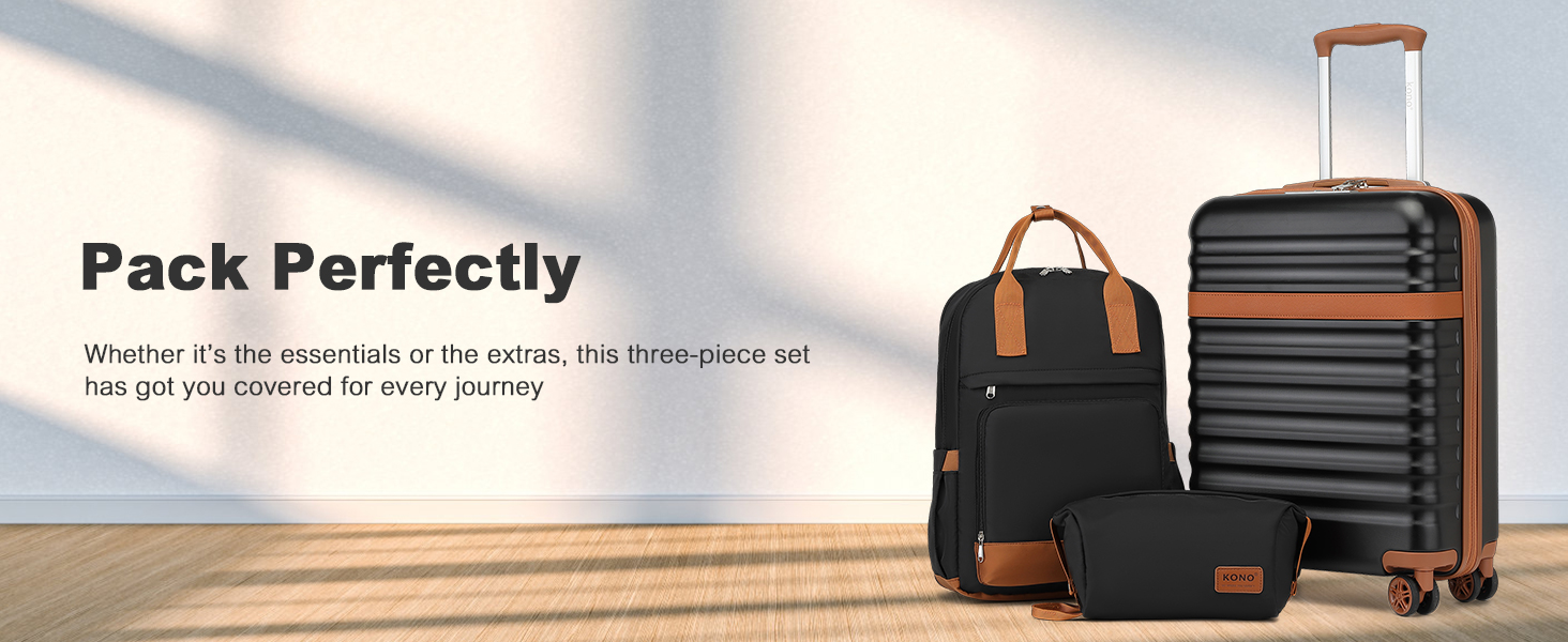 Набір валіз та рюкзака KONO: валіза ручної поклажі 3в1, рюкзак, культиватор. З ABS+PC, TSA-замок, 4 колеса. Чорний/Коричневий