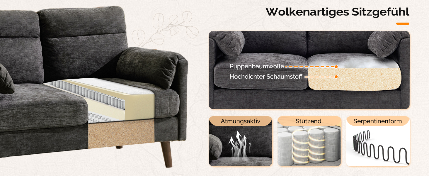 Диван Bonnlo 2-місний, компактний, 125 см, тканинний, сірий. Для офісу, вітальні, спальні, кабінету. Легка збірка, льон.