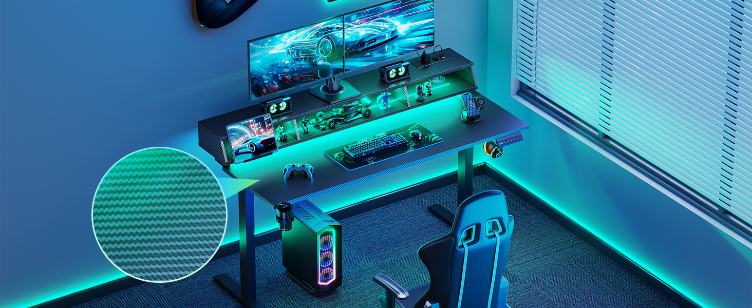 Офісний стіл для геймінгу OffiGo, 140 см, регульована висота, RGB LED, розетки, 3 полиці, тримач для напоїв та навушників, стільниця з карбону, білий (чорний)