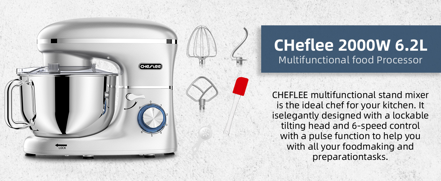 Кухонна машина Cheflee 2000W з місткою чашею 6.2L з нержавіючої сталі, 6 швидкостей, низький шум, набір насадок (міксер, гак для тіста), захист від бризок