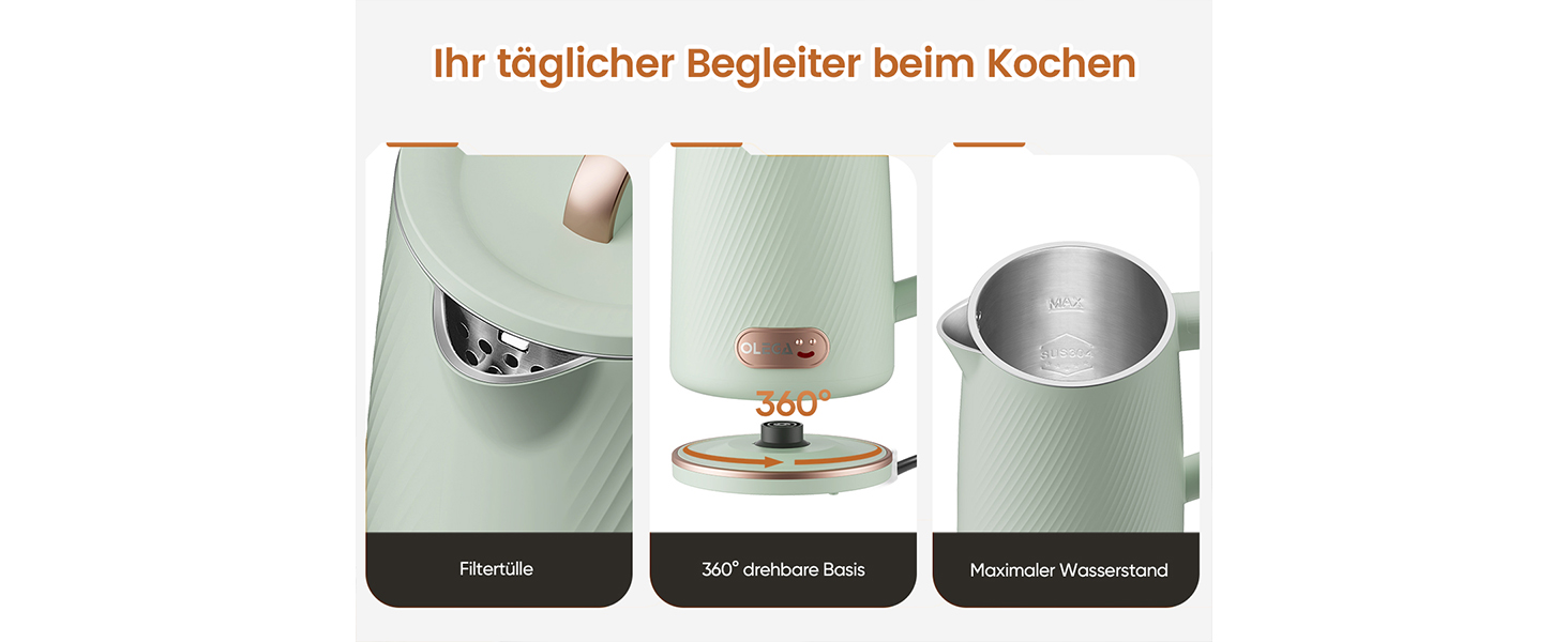 Електричний чайник OLEGA 1.8L, 1800W, з автоматичним відключенням та захистом від сухого кип'ятіння, нержавіюча сталь 304, без BPA, зелений