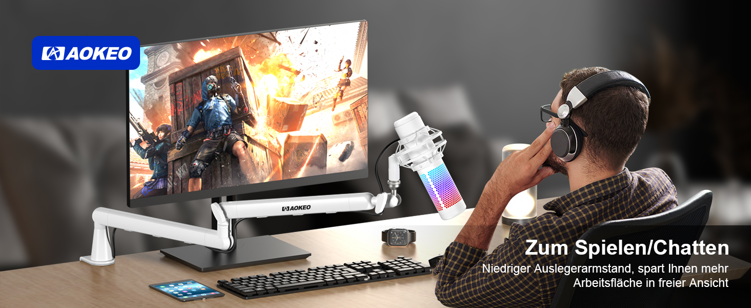 Стійка для мікрофона Aokeo AK-55 для столу, біла - для Yeti, Snowball, HyperX, Elgato