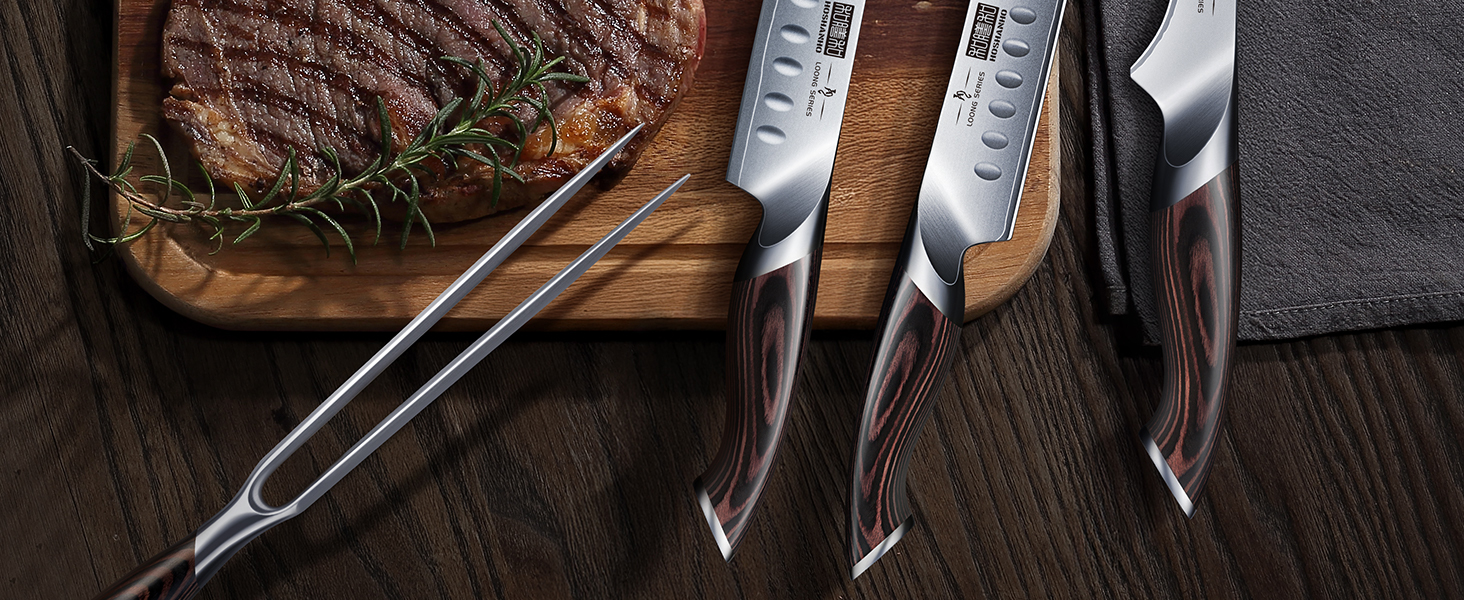 Набір кухонних ножів HOSHANHO 7 предметів: професійний набір з японської сталі з високим вмістом вуглецю, ультрагострі ножі з ергономічними ручками з паккавуду (3 ножі для обробки м'яса)