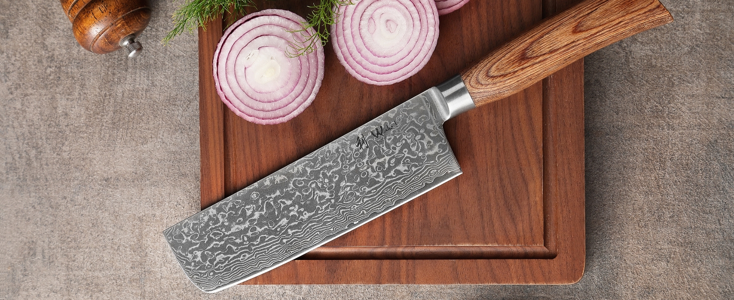 Японський ніж Wakoli EDIB Pro Nakiri з дамаської сталі (серцевина VG10), 18 см - гострий, точний та ергономічний. Ніж з ручкою з паккавуду в подарунковій коробці - для овочів та зелені, срібний.