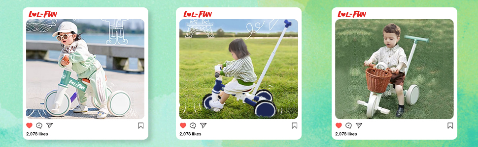 Дитячий біговел-триколіс LOL-FUN 5-в-1 з ручкою для штовхання, зелений оливковий, для хлопчиків та дівчаток від 1 року