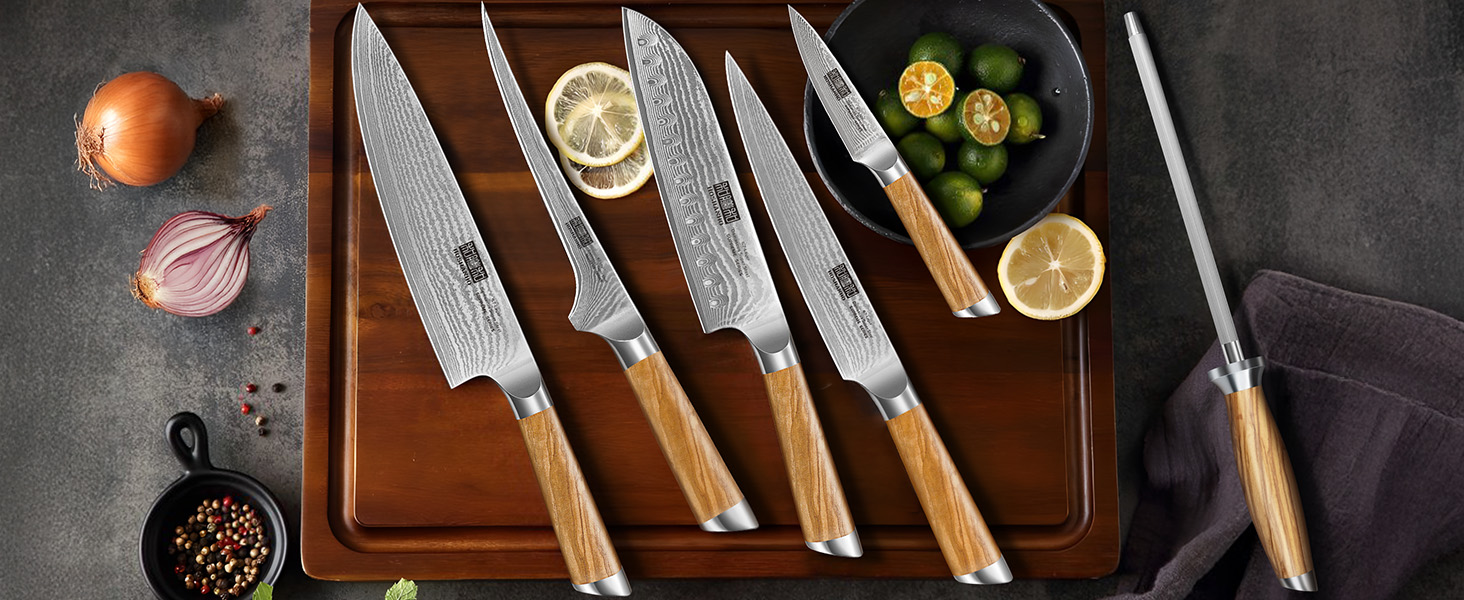 Набір кухонних ножів HOSHANHO 7 предметів: 20 см, сталь Дамаск, 67 шарів, японський, ергономічна ручка